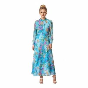 RARE 1960s Size S/M Vintage Womens Floral Dress Maxi Chiffon Blue Long Sleeve